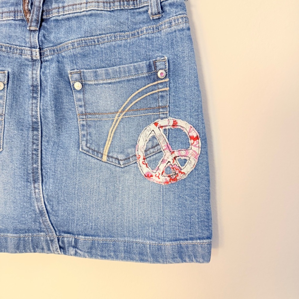 Vintage Y2K Denim Mini Skirt Peace Sign Embellished Pink Jewels All Girl SZ XS - Picture 2 of 8